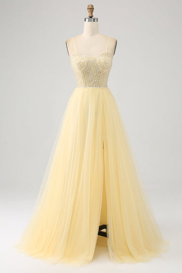 Tulle in rilievo giallo chiarovestito da ballo con spacco